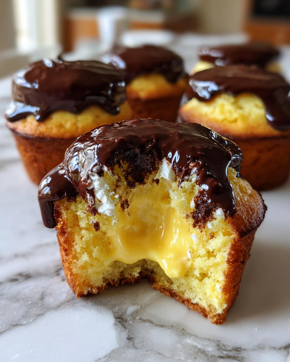 A close-up of a boston cream pie cupcake, bitten to reveal rich vanilla custard filling and topped with chocolate ganache.