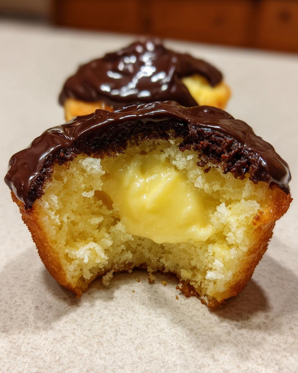 Close-up of a boston cream pie cupcakes cut in half showing vanilla cake, pastry cream filling, and chocolate ganache topping.
