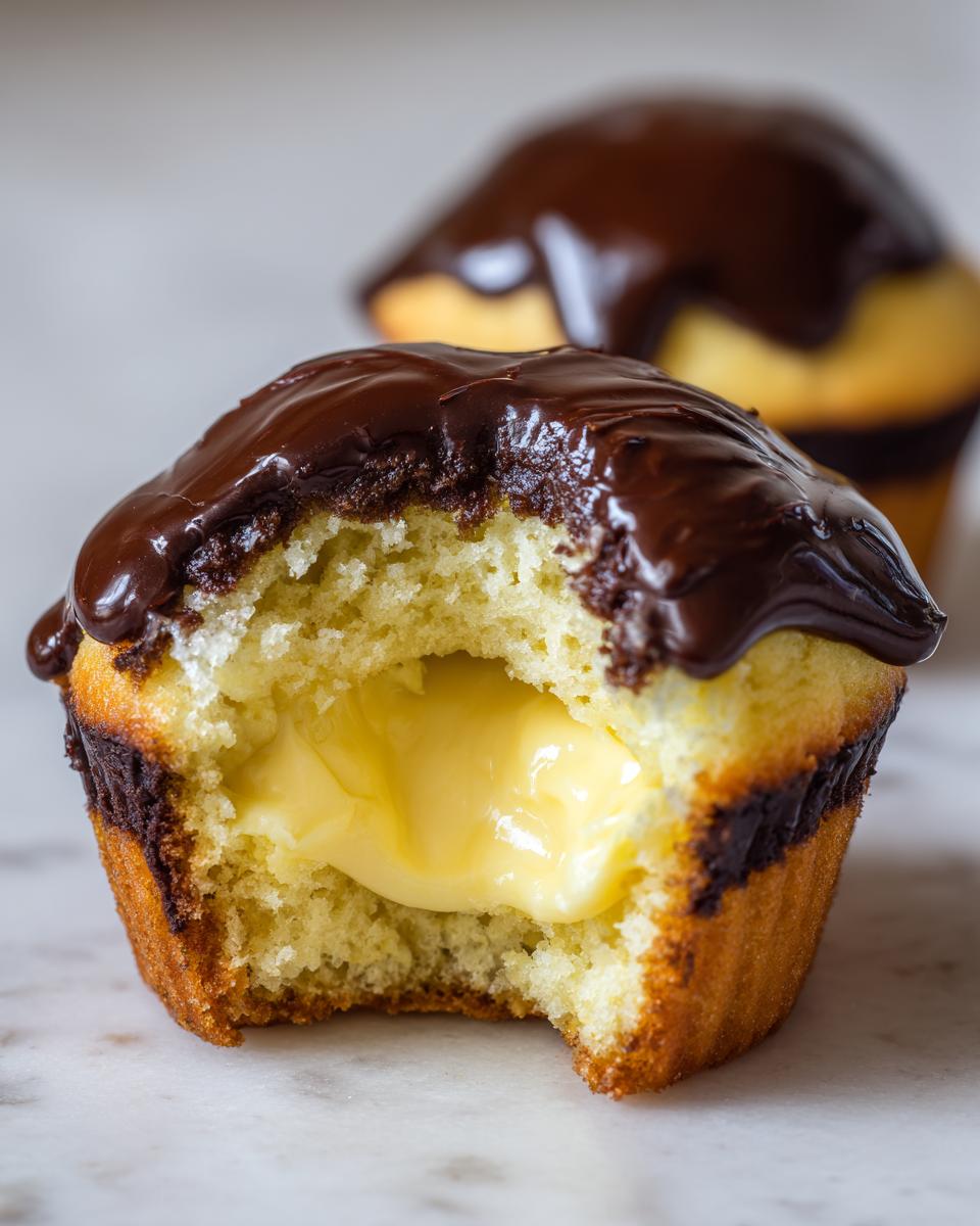 Close-up of a boston cream pie cupcakes with a bite taken out, revealing rich vanilla custard filling and chocolate ganache topping.
