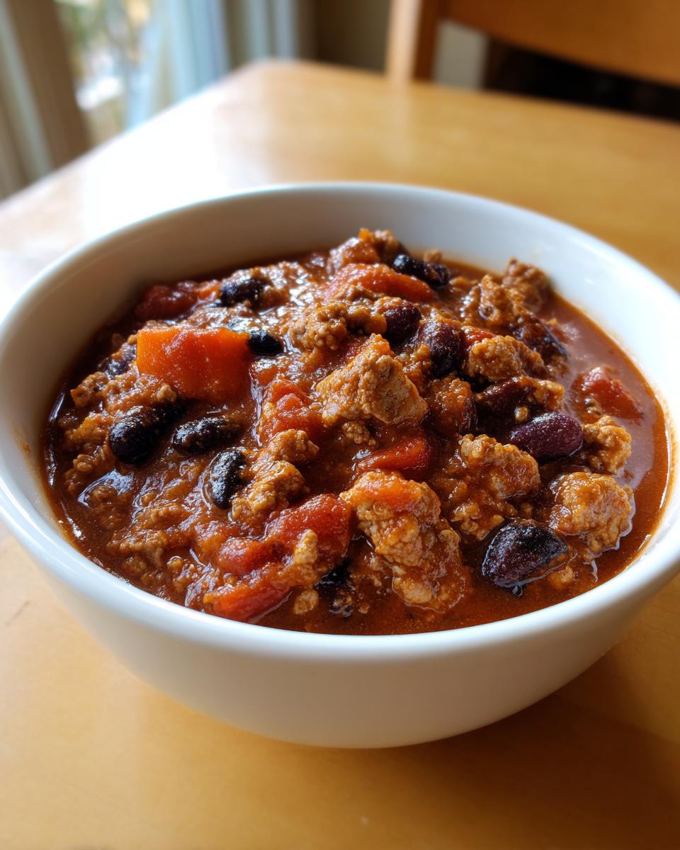 Close-up of a white bowl filled with rich, thick high protein chili featuring ground meat, black beans, and chunks of tomato.