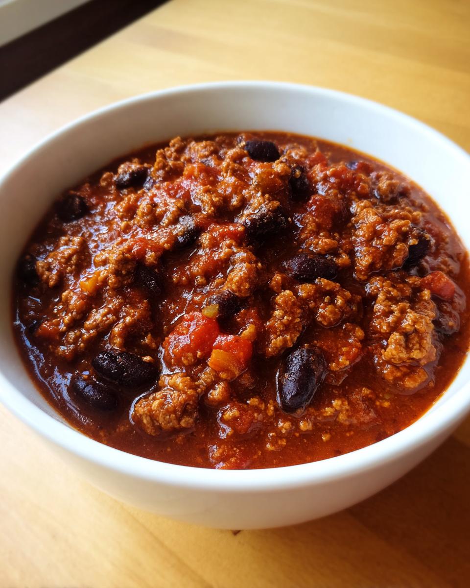 Close-up of a rich, thick bowl of high protein chili featuring ground meat and black beans in a deep red sauce.