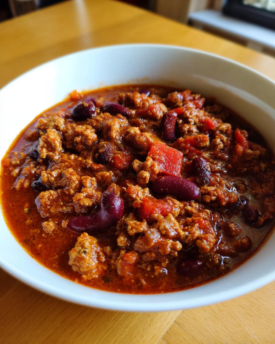 Close-up of a hearty bowl of rich, red high protein chili featuring ground meat and kidney beans.