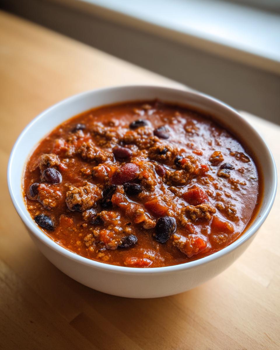 Close-up of a white bowl filled with rich, thick high protein chili featuring ground meat and kidney/black beans, set on a wooden surface.