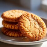 A close-up of a stack of delicious brown butter sugar cookies coated in cinnamon sugar, sitting on a white plate.