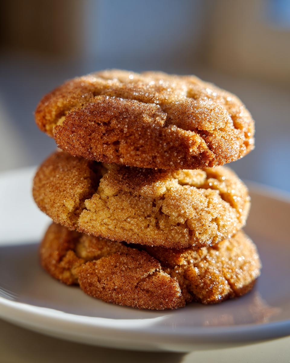 A stack of three delicious brown butter sugar cookies coated in sparkling cinnamon sugar, resting on a white plate.