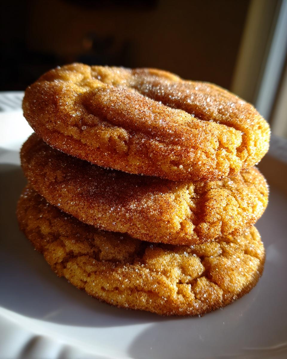 A stack of three soft brown butter sugar cookies coated in cinnamon sugar, dramatically lit by sunlight.