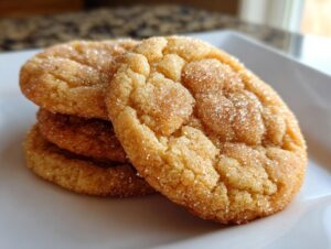 Close-up of a stack of chewy brown butter sugar cookies coated in sparkling cinnamon sugar.