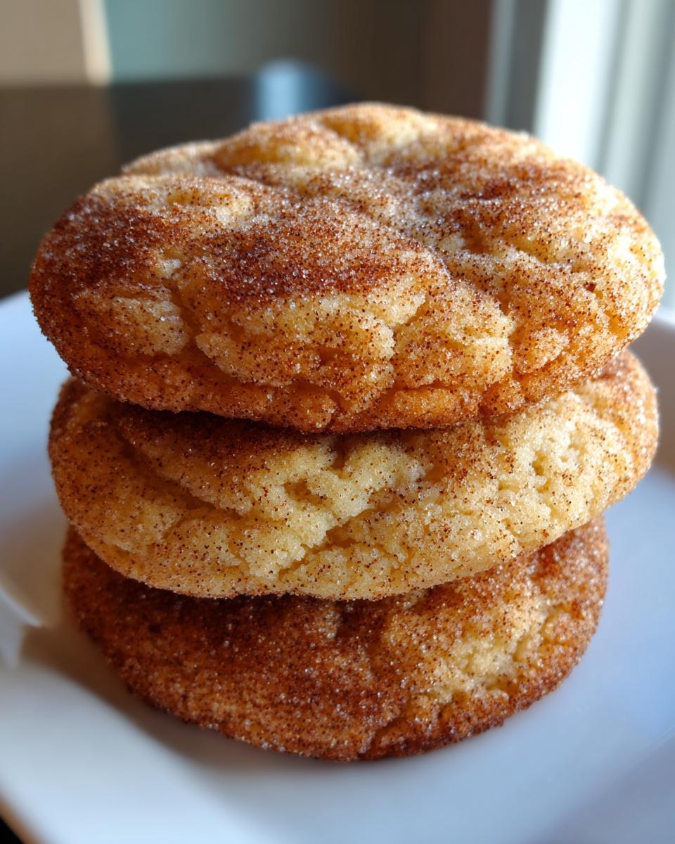 A close-up stack of three soft brown butter sugar cookies coated in cinnamon sugar.