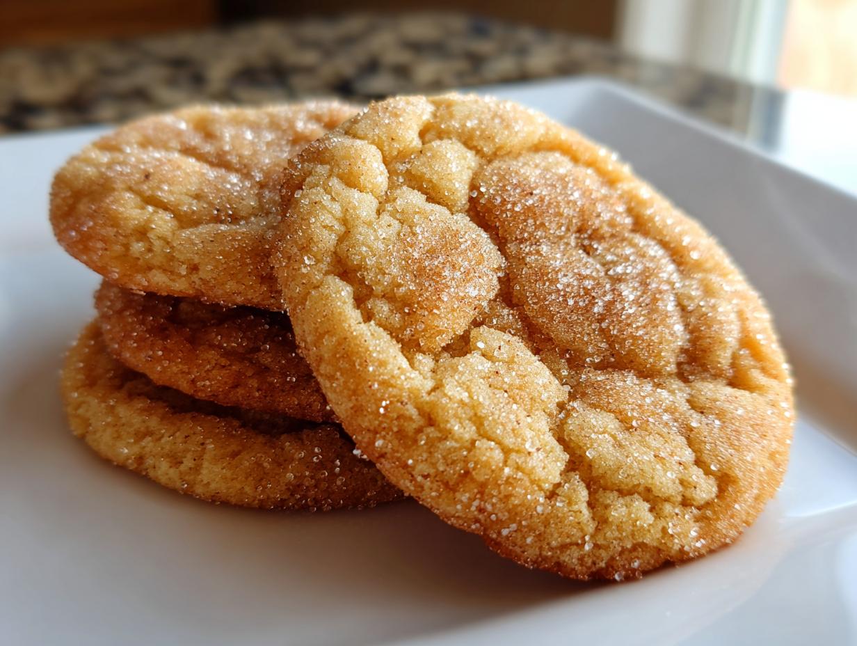 Close-up of a stack of chewy brown butter sugar cookies coated in sparkling cinnamon sugar.