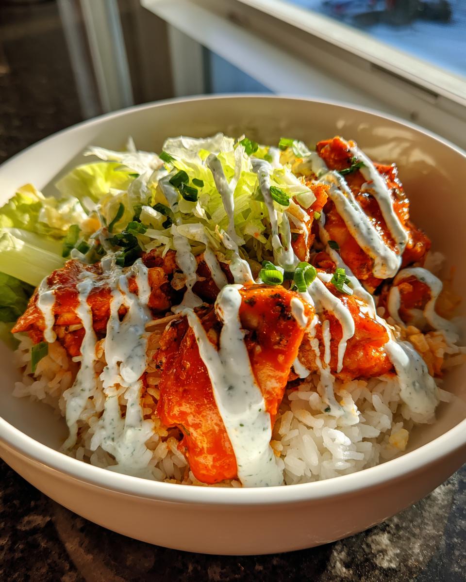 A close-up of a delicious buffalo chicken bowl featuring rice, bright orange buffalo chicken, shredded lettuce, and a generous drizzle of ranch dressing.