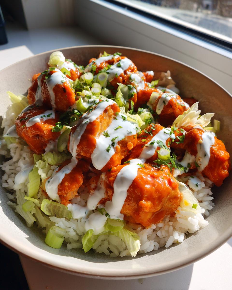 A close-up of a buffalo chicken bowl featuring orange-sauced chicken pieces over white rice, topped with ranch dressing and green onions.