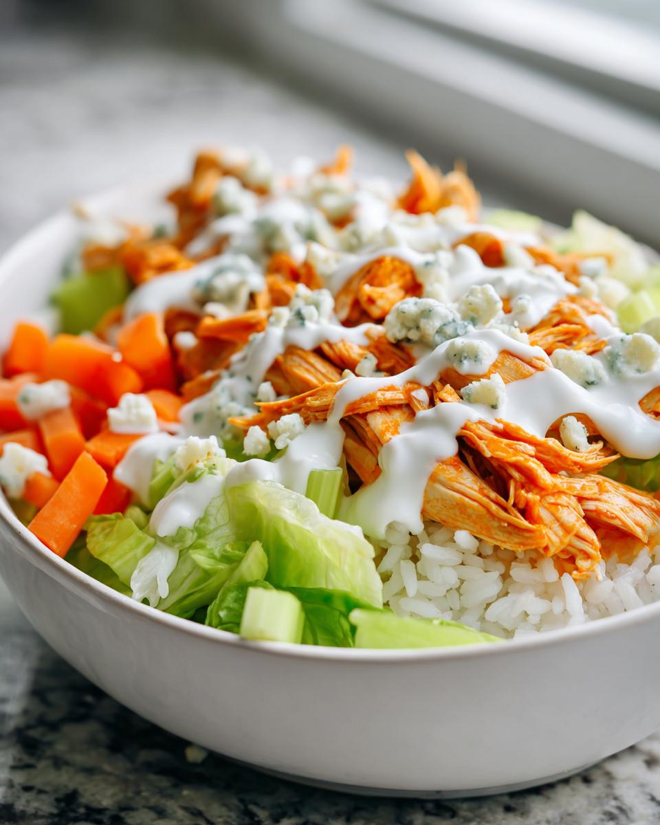 A close-up of a white bowl filled with rice, shredded buffalo chicken, lettuce, carrots, celery, drizzled with ranch and topped with blue cheese crumbles.