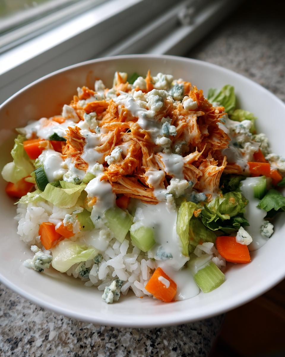 A bowl featuring shredded buffalo chicken over rice, topped with blue cheese crumbles and ranch dressing.