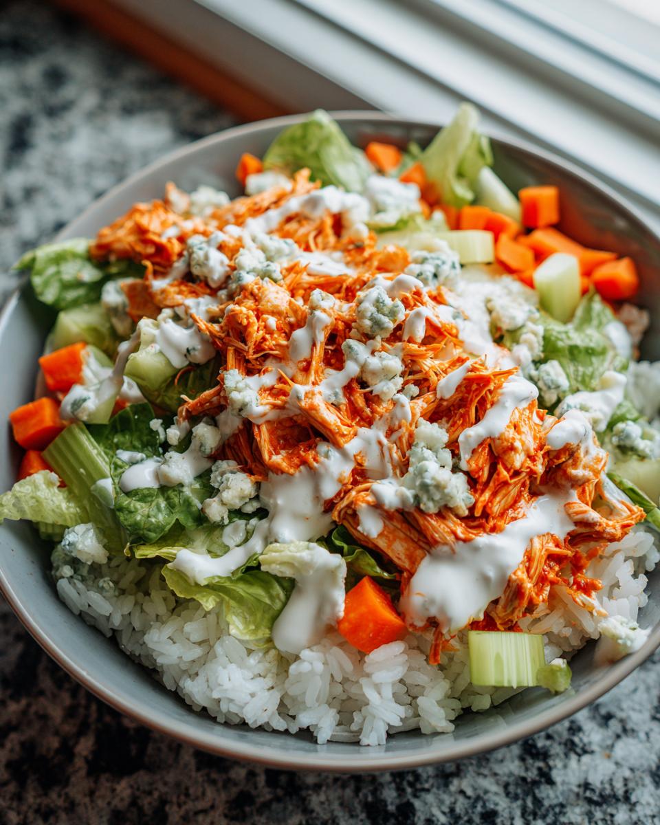 Close-up of a bowl featuring white rice topped with shredded buffalo chicken, blue cheese crumbles, ranch dressing, lettuce, carrots, and celery.