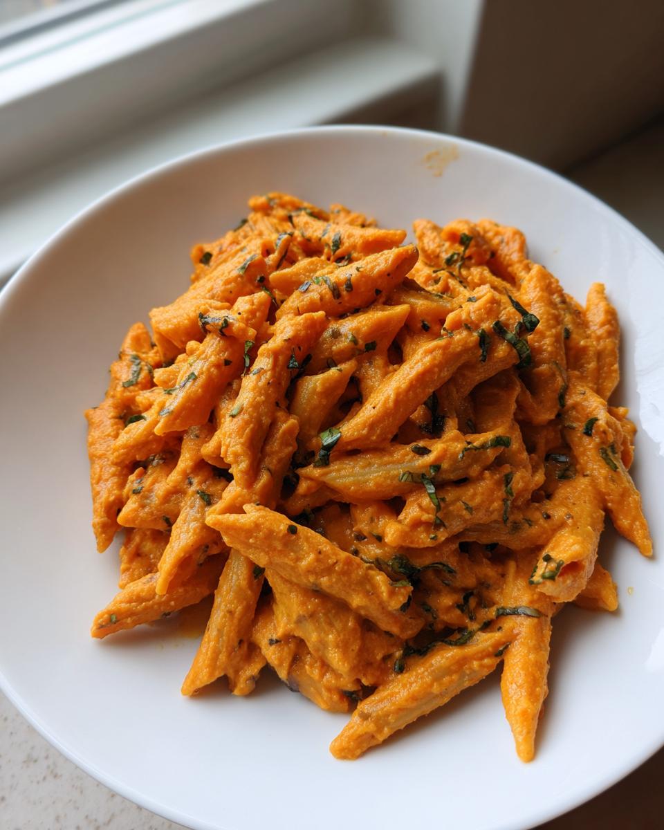 A white bowl filled with penne pasta coated in a rich, orange butternut squash pasta sauce, garnished with fresh herbs.