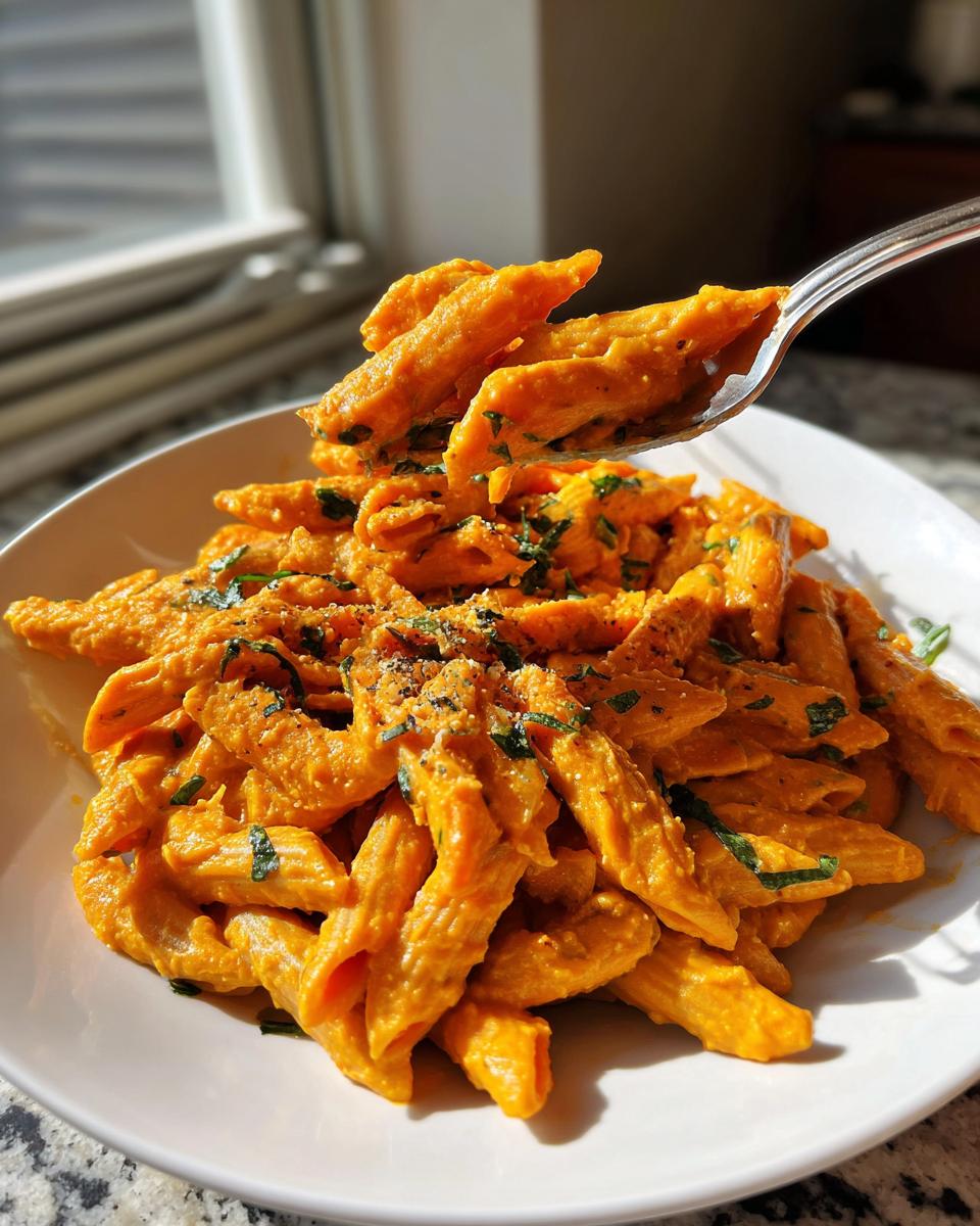 A fork lifting penne pasta coated in vibrant orange butternut squash pasta sauce, garnished with herbs.