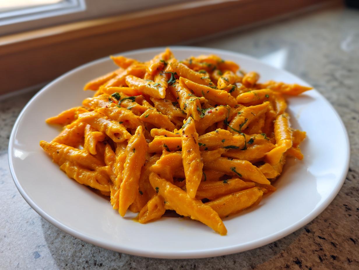 A plate of penne pasta coated in a vibrant orange butternut squash pasta sauce, garnished with herbs.