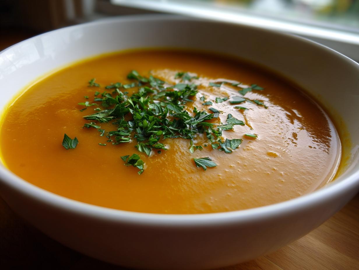 Close-up of a bowl of vibrant orange butternut squash soup topped with fresh chopped parsley.