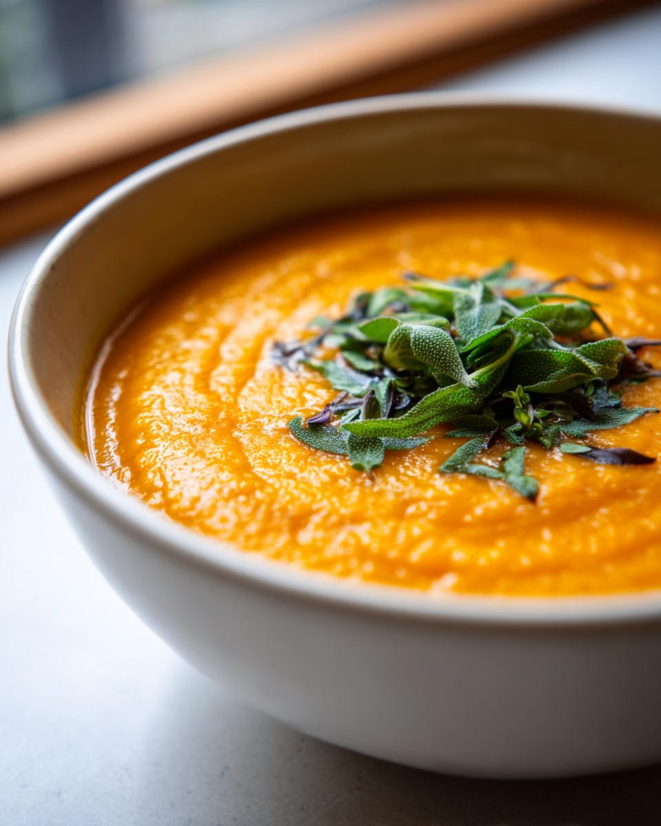 Close-up of vibrant orange butternut squash soup topped with fresh sage leaves.