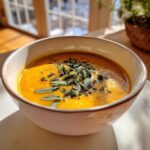A close-up of a bowl of vibrant orange butternut squash soup garnished with fresh sage leaves.