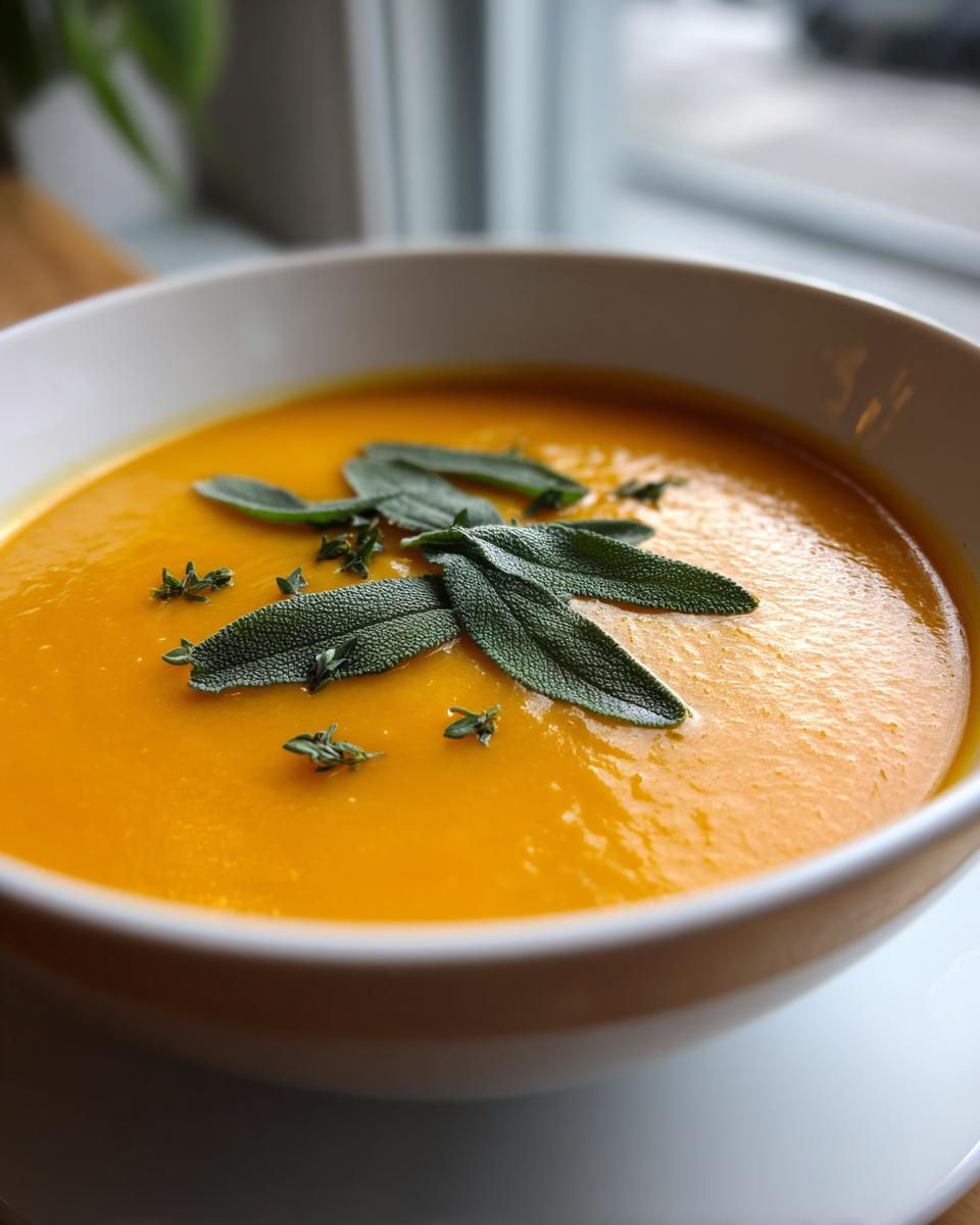 A close-up of creamy, vibrant orange butternut squash soup topped with fresh sage leaves and thyme sprigs.