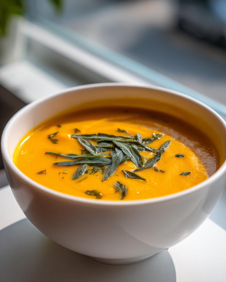 A close-up of vibrant orange butternut squash soup garnished with fresh, crispy sage leaves in a white bowl.