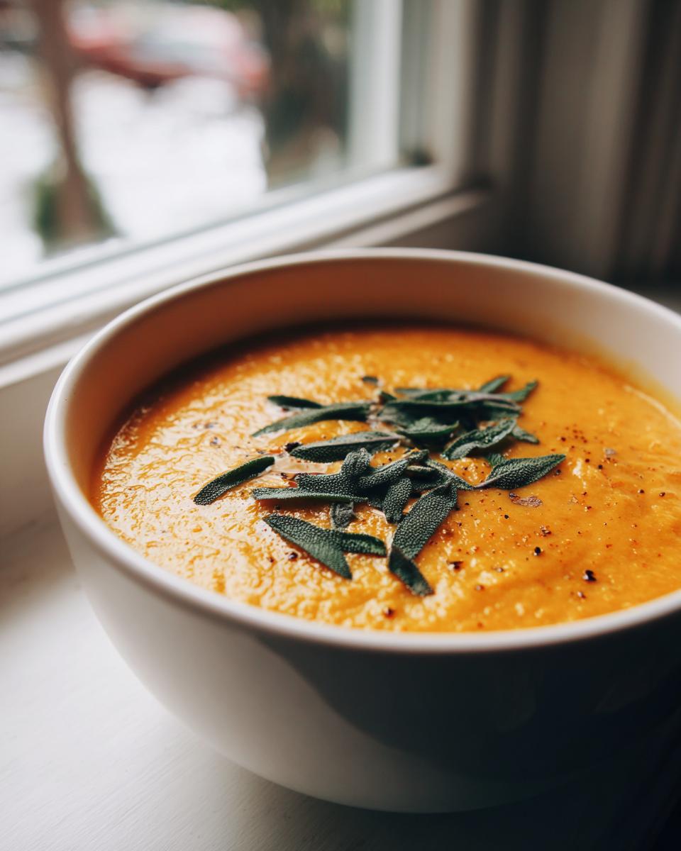 Close-up of a bowl of vibrant orange butternut squash soup topped with fresh sage leaves.