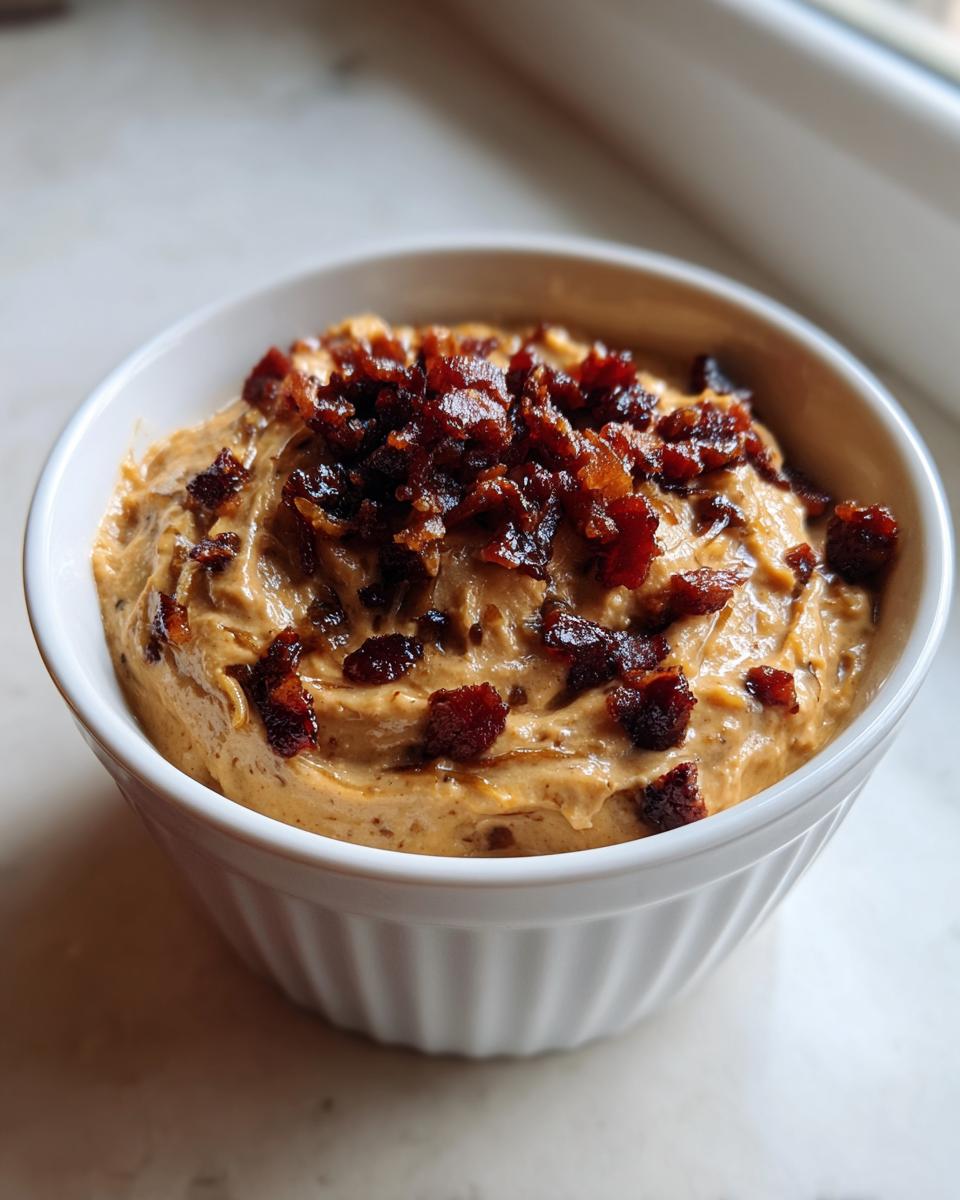 A creamy, beige caramelized onion dip topped generously with crispy bacon bits, served in a white fluted bowl.