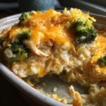 A spoonful being lifted from a baking dish showing creamy chicken broccoli rice casserole topped with melted cheddar cheese.