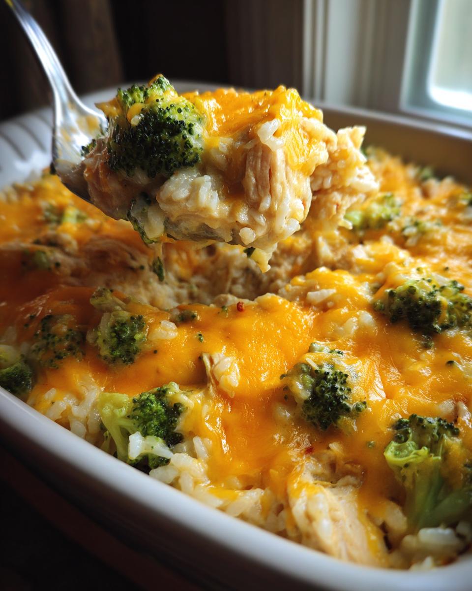 A spoonful of creamy chicken broccoli rice casserole topped with melted cheddar cheese being lifted from the dish.