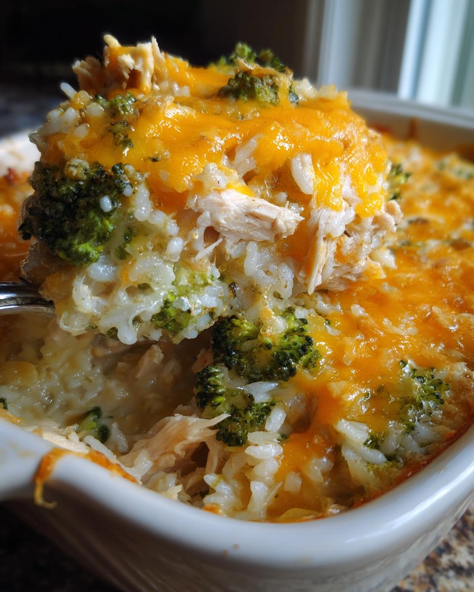 A spoonful being lifted from a baking dish showing a creamy chicken broccoli rice casserole topped with melted cheddar cheese.