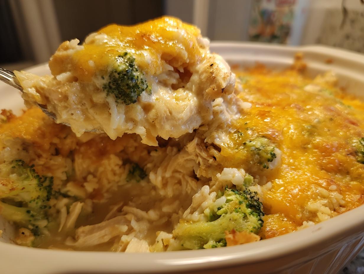 A spoonful of creamy chicken broccoli rice casserole topped with melted cheddar cheese being lifted from the baking dish.