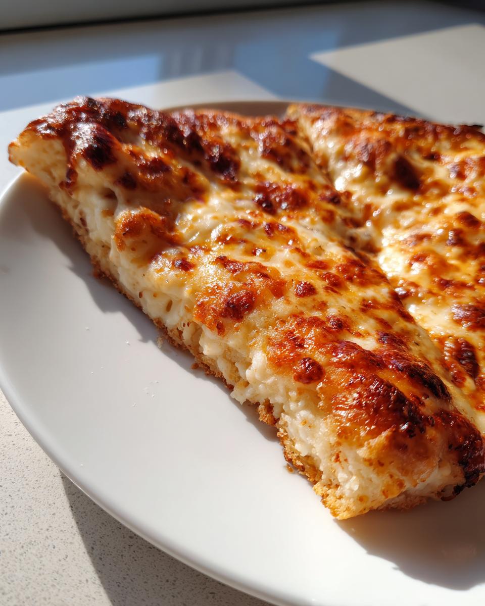 Close-up of a thick, cheesy slice of keto pizza crust, featuring golden-brown melted cheese.