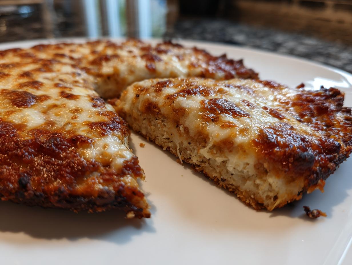 A slice of cheesy keto pizza crust showing the thick, textured base topped with melted, browned mozzarella cheese.