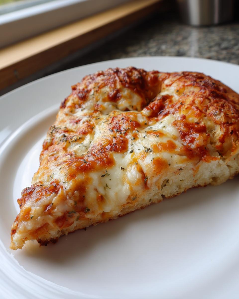 A close-up of a thick slice of cheesy pizza made with keto pizza crust, featuring melted mozzarella and herbs.