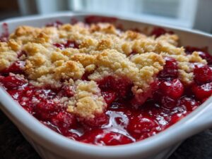 Close-up of a bubbling cherry dump cake with a golden, crumbly topping in a white baking dish.