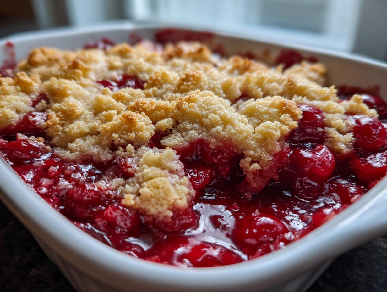 Close-up of a bubbling cherry dump cake with a golden, crumbly topping in a white baking dish.