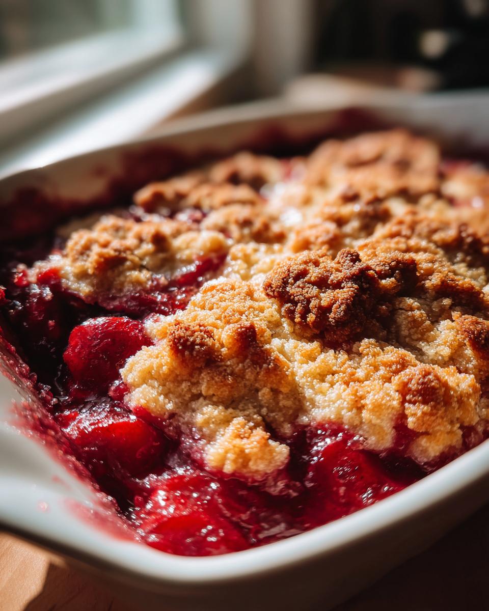 Close-up of a bubbling cherry dump cake in a white baking dish with a golden, crumbly topping.