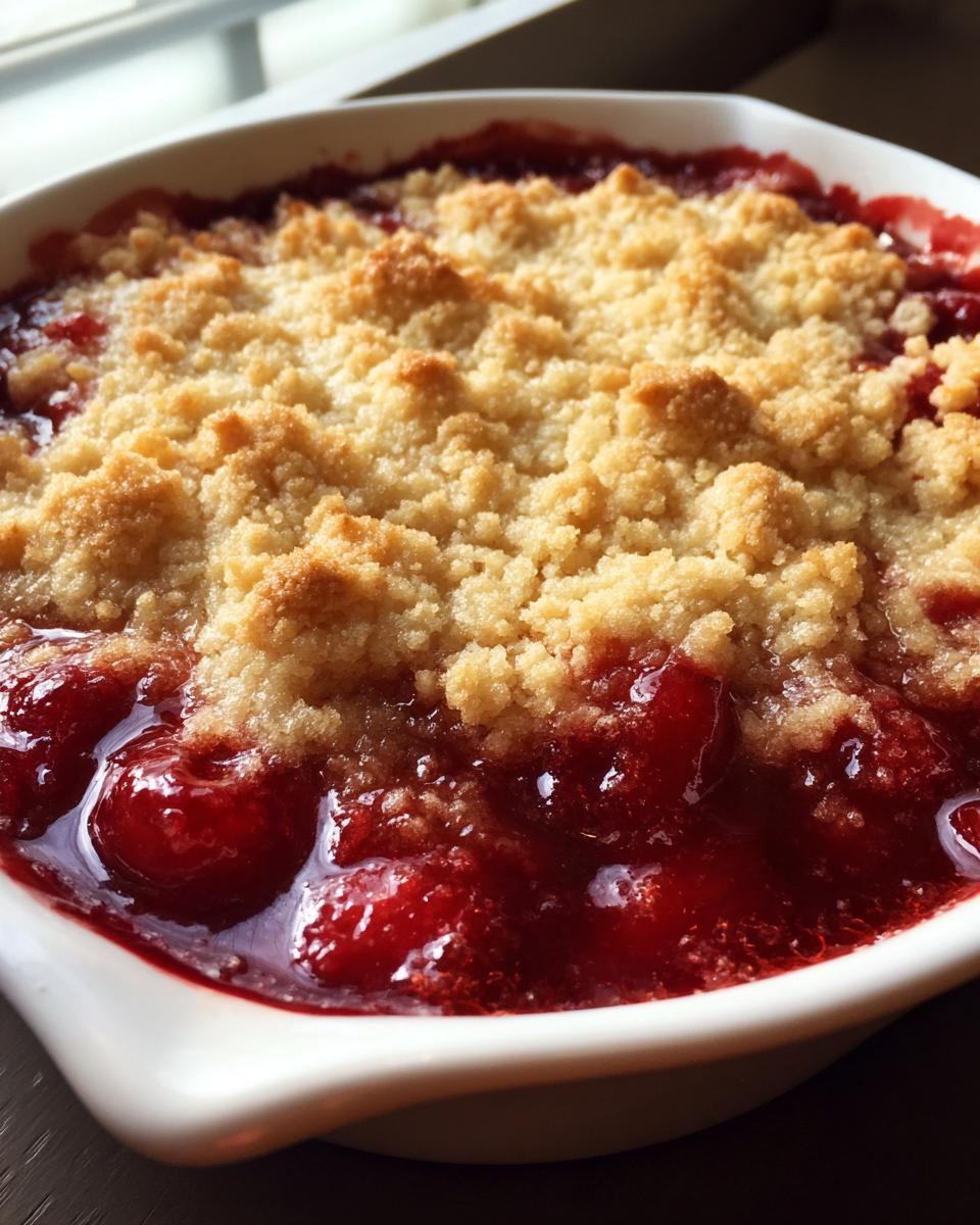 Close-up of a freshly baked cherry dump cake with a golden crumb topping bubbling over bright red cherry filling.