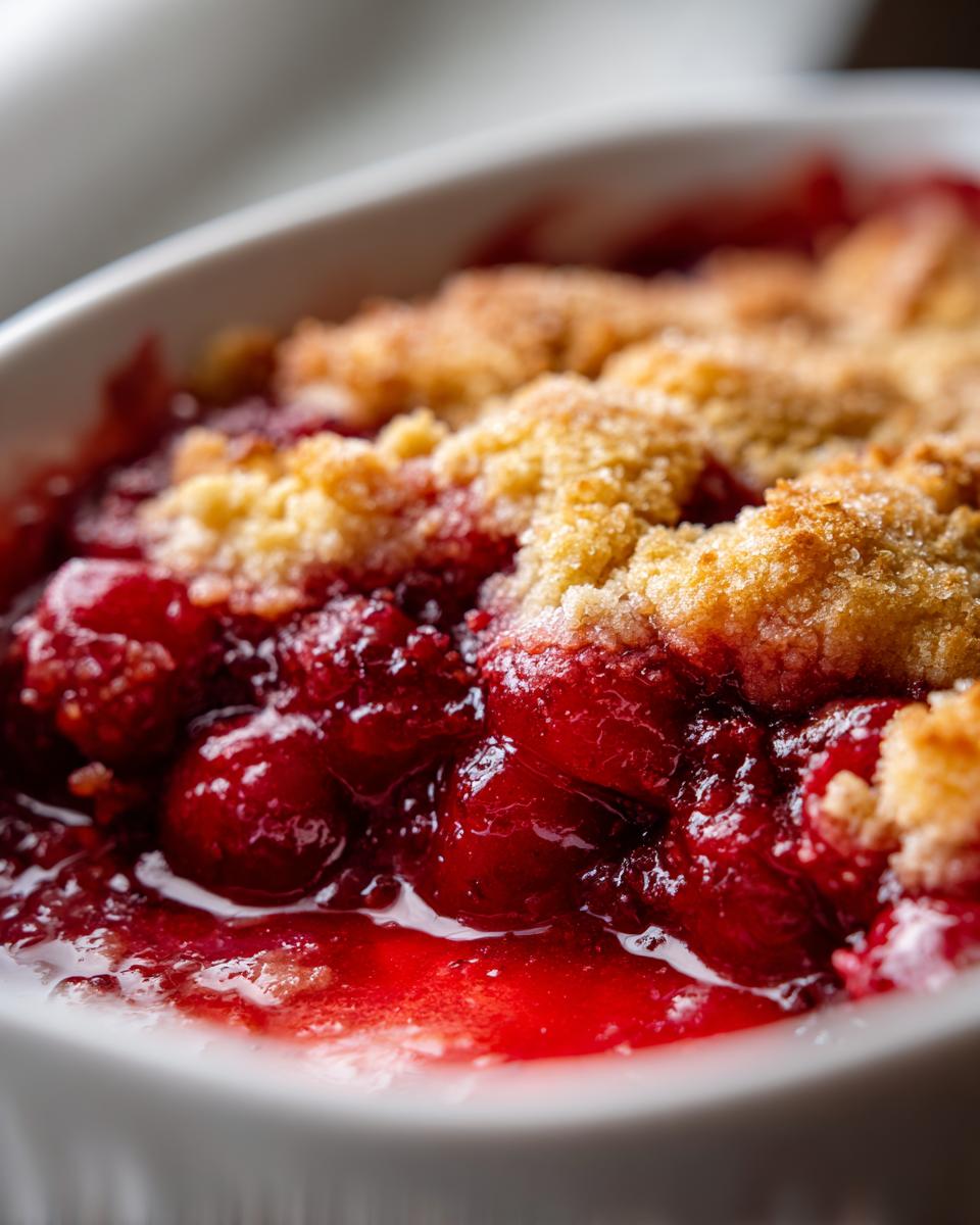 Close-up of a bubbling, bright red cherry dump cake showing whole cherries and a golden, crumbly topping.