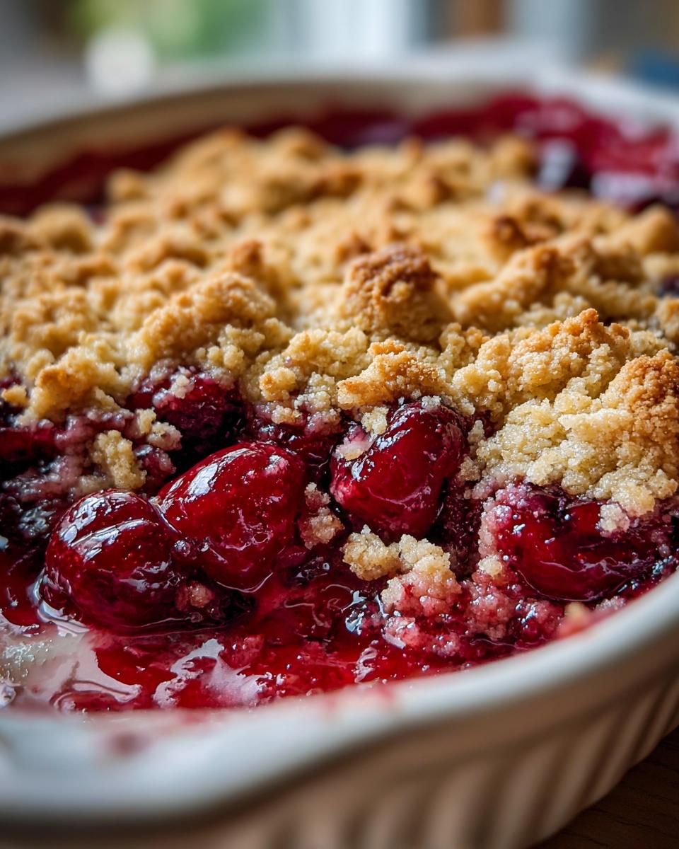Close-up view of a bubbling cherry dump cake, showing bright red cherries and a golden, crumbly topping.