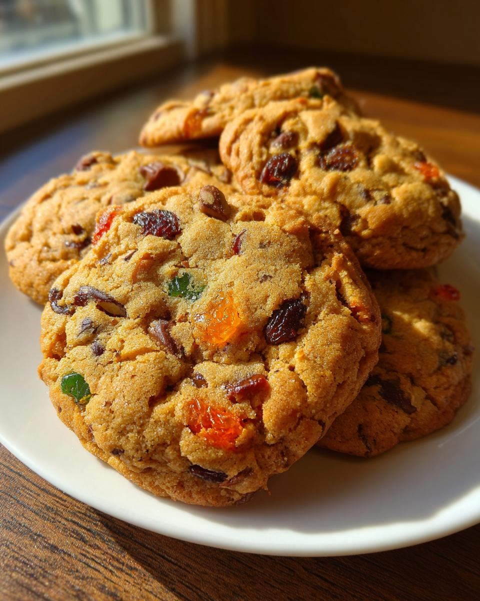 A stack of chewy fruitcake cookies loaded with candied fruit and raisins, resting on a white plate.