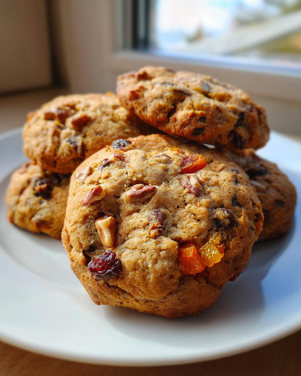 A stack of chewy fruitcake cookies loaded with dried fruit and pecans, resting on a white plate near a window.