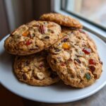 A stack of chewy fruitcake cookies loaded with candied fruit and nuts, resting on a white plate near a window.
