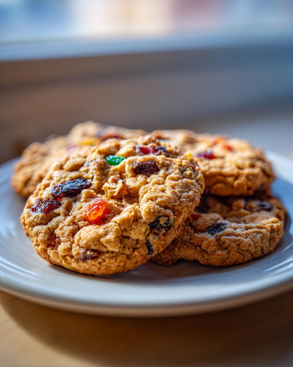 Close-up of several chewy fruitcake cookies loaded with dried and candied fruit, resting on a white plate.