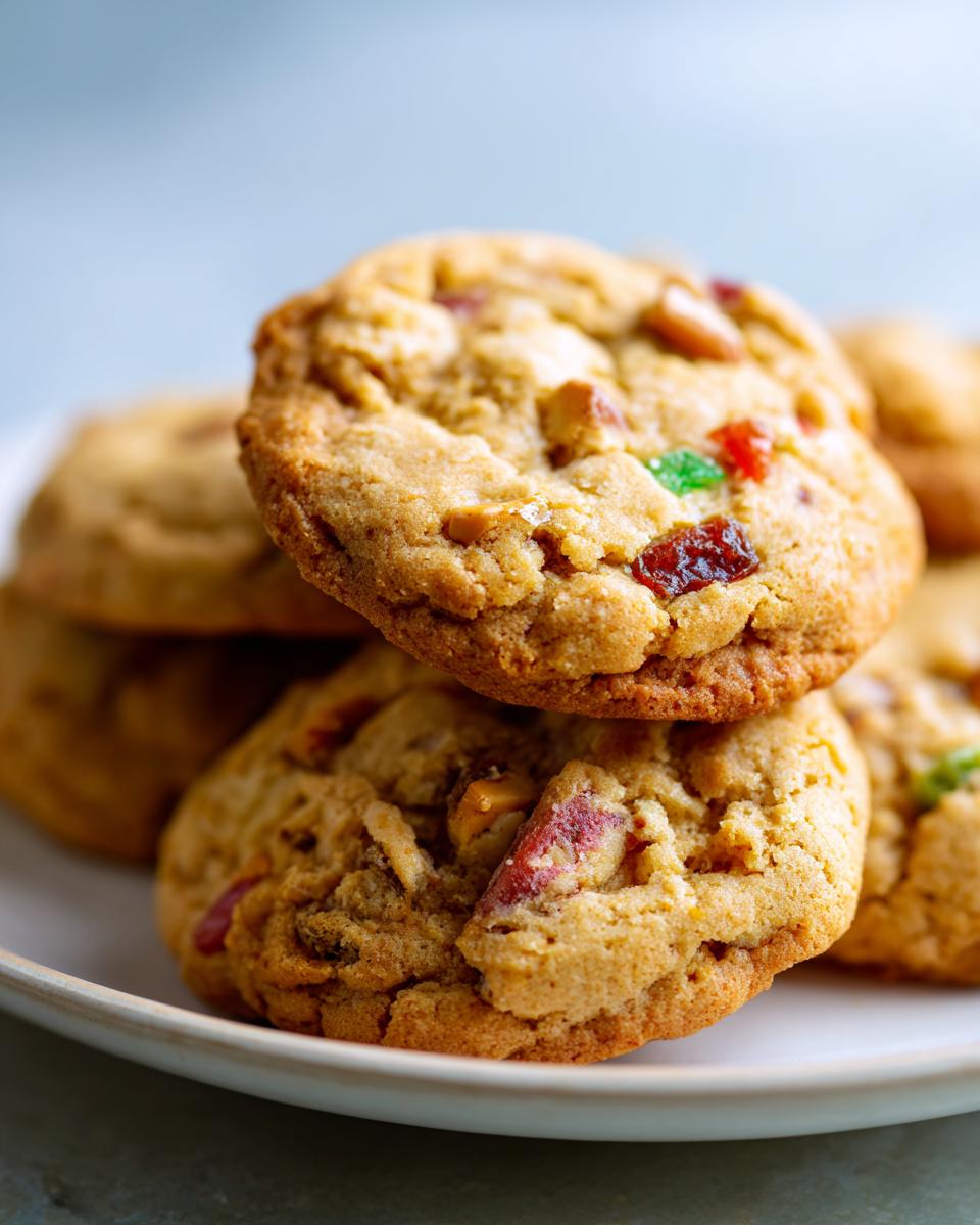 Close-up of chewy fruitcake cookies stacked on a white plate, featuring visible pieces of red and green candied fruit.