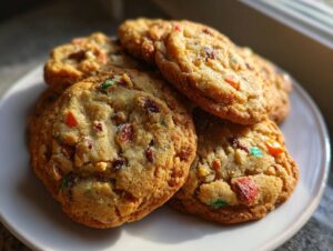 A close-up stack of chewy fruitcake cookies, studded with colorful candied fruit pieces, sitting on a white plate.