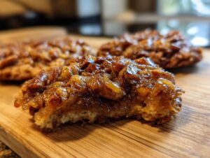 Close-up of a delicious pecan pie cookie with a bite taken out, showing the gooey caramel topping and shortbread base.