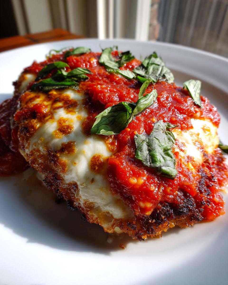 Close-up of a perfectly cooked chicken parmesan recipe piece covered in melted mozzarella, bright red sauce, and fresh basil leaves.
