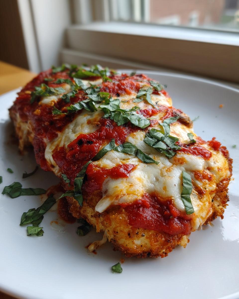 A close-up of a golden-brown chicken parmesan recipe topped with melted mozzarella, marinara sauce, and fresh basil.